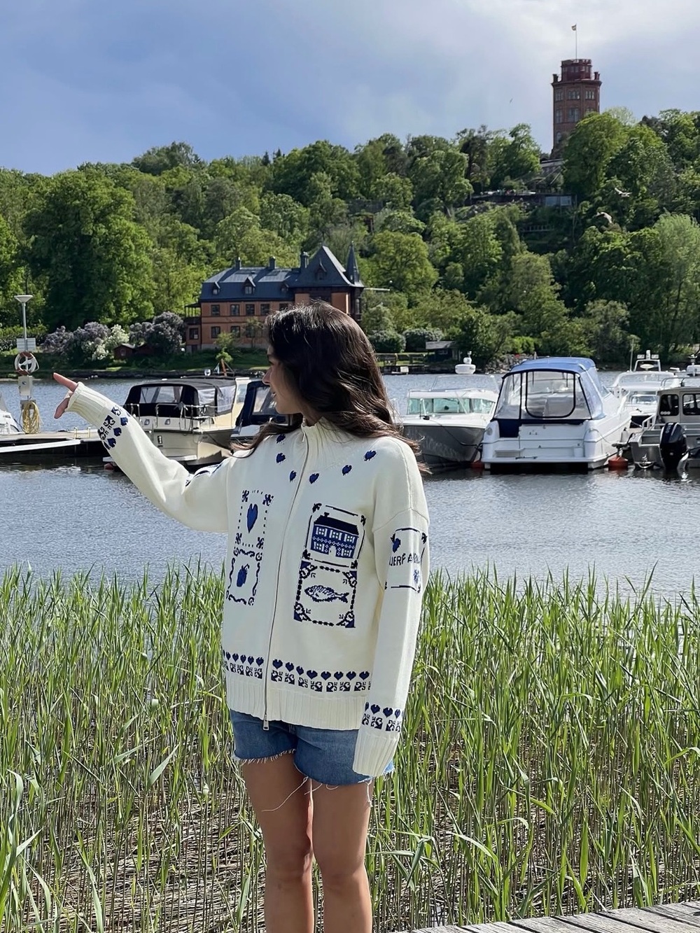 Djerf Avenue Cream Zip-Up Sweater with Blue Heart Motif - Picture 3 of 5